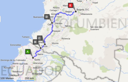 Die Route auf dem Weg nach Bogotá